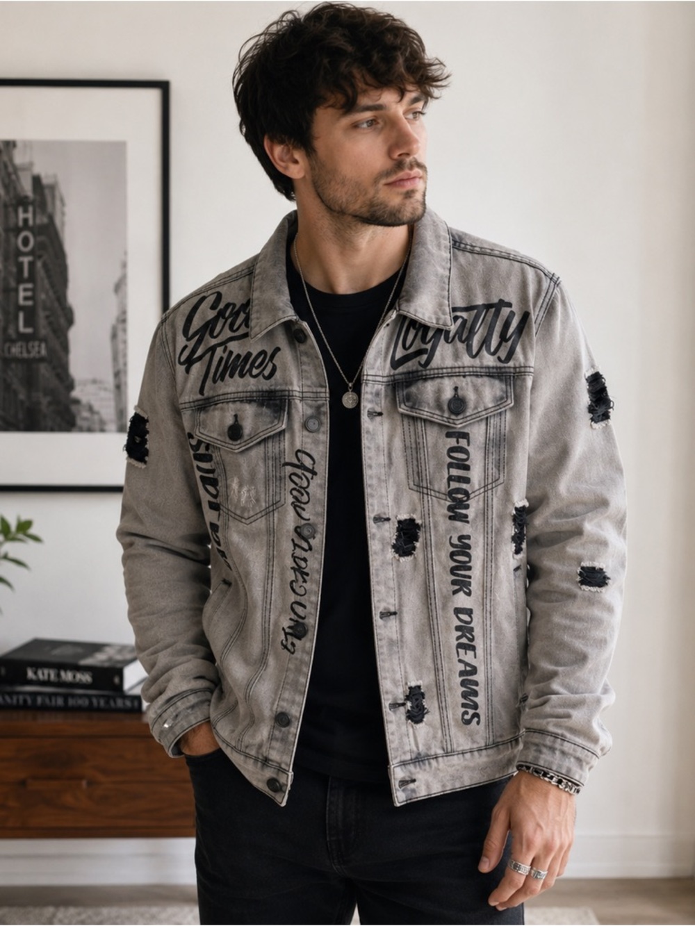 Victorious Graphic Distressed Denim Jacket NWT Medium Streetwear